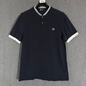 Fred Perry Grandad Collar Cotton Polo Shirt - Men's Size M - Dark Blue